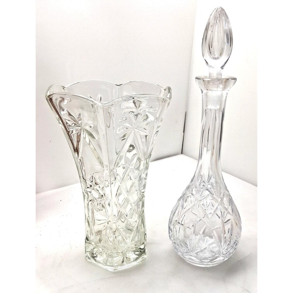 Vintage Clear Cut Crystal Decanter w/ Stopper & Matching Floral Crystal Vase Set
